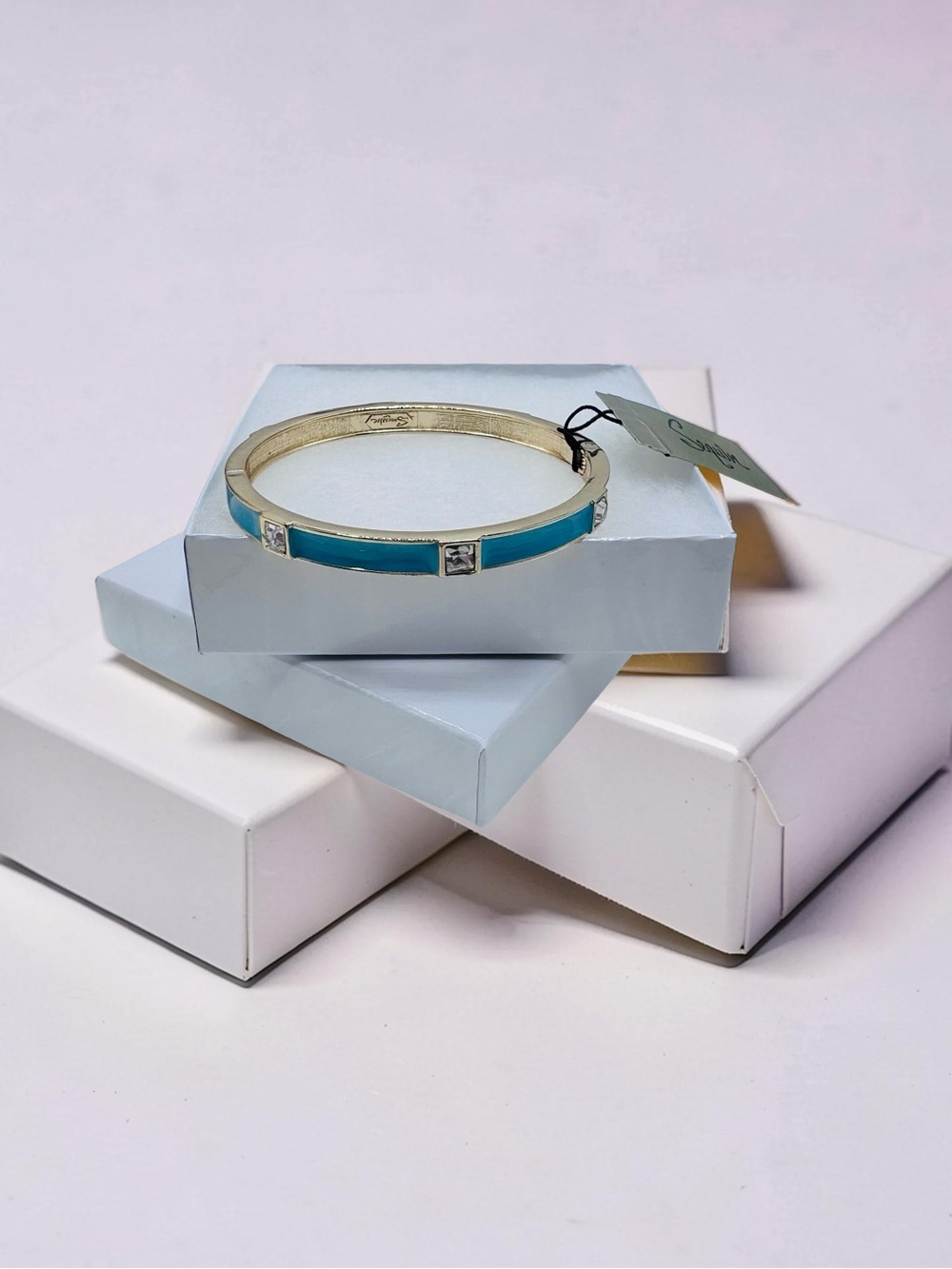 Turquoise Blue Enamel Gold Tone Hinged Bangle Bracelet w/ Rhinestone Accents NWT